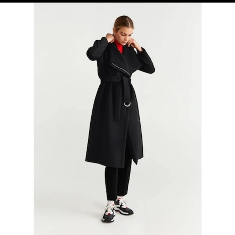 Mango MNG suit black wool blend unstructured long belt coat size Small